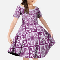Poni Palaka Quilt Hawaii Family Matching Off The Shoulder Long Sleeve Dress and Hawaiian Shirt Hawaiian Tropical Monstera Sea Turtle LT14 Daughter's Dress Purple - Polynesian Pride