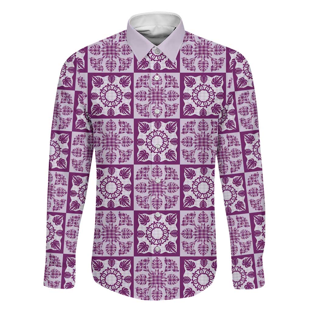 Poni Palaka Quilt Hawaii Family Matching Off Shoulder Maxi Dress and Hawaiian Shirt Hawaiian Tropical Monstera Sea Turtle LT14 Dad's Shirt - Long Sleeve Purple - Polynesian Pride