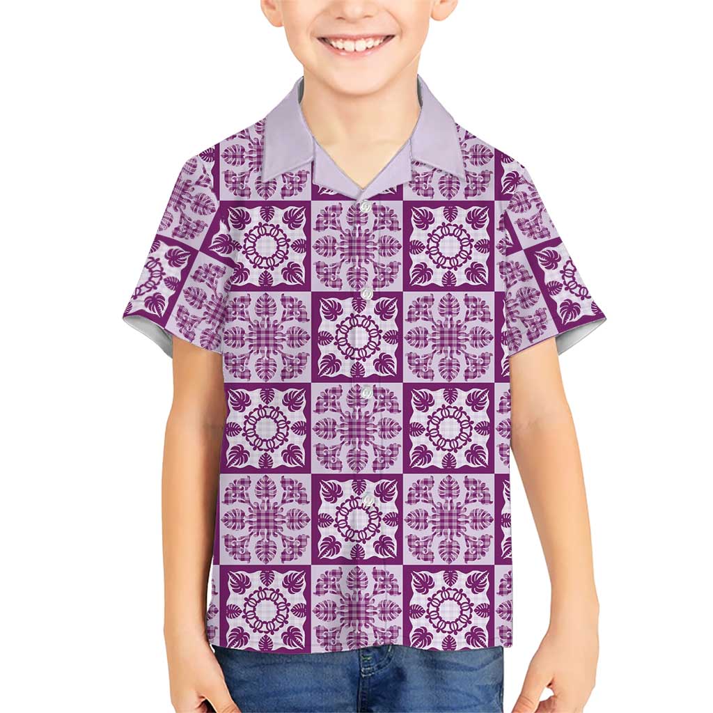 Poni Palaka Quilt Hawaii Family Matching Off Shoulder Maxi Dress and Hawaiian Shirt Hawaiian Tropical Monstera Sea Turtle LT14 Son's Shirt Purple - Polynesian Pride