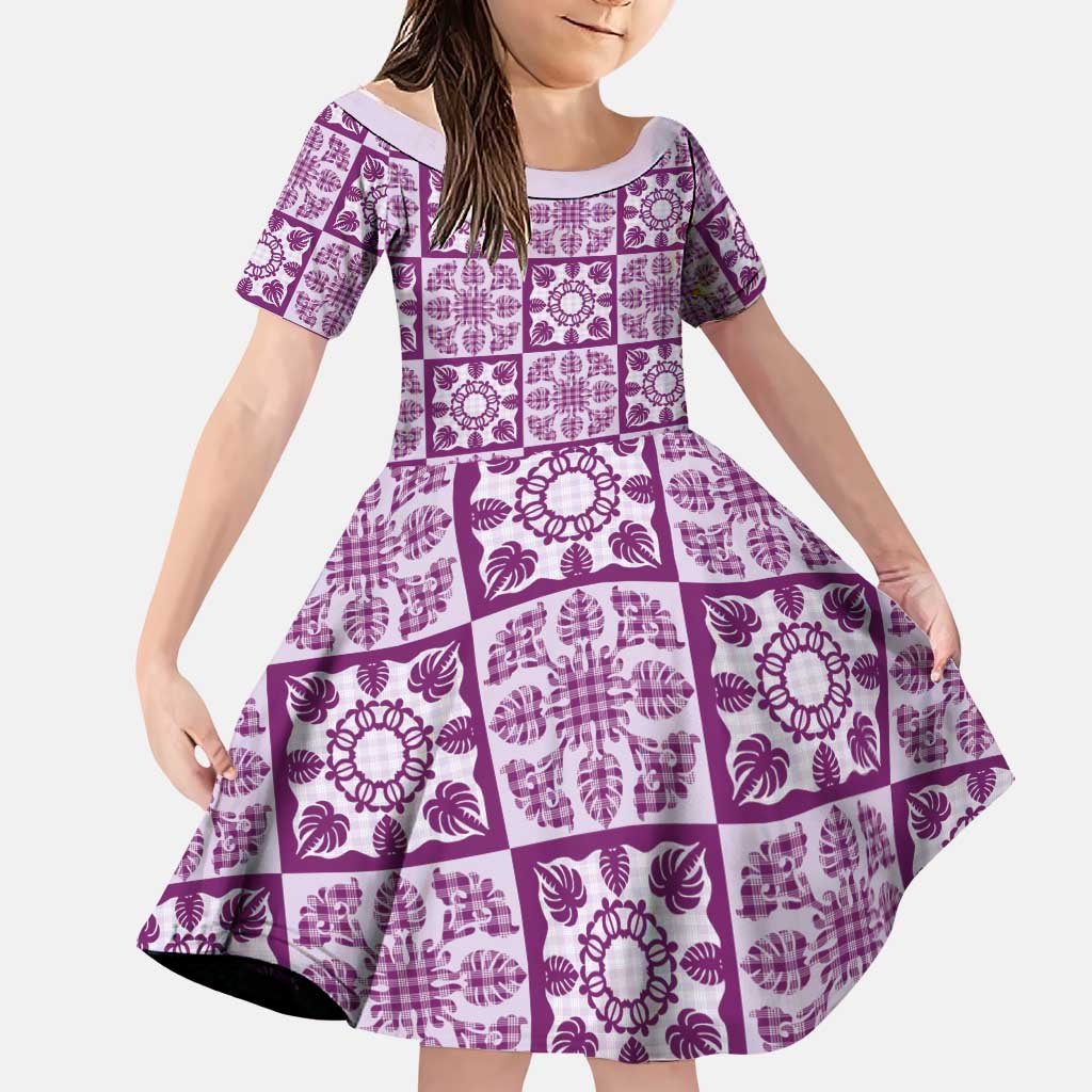 Poni Palaka Quilt Hawaii Family Matching Off Shoulder Short Dress and Hawaiian Shirt Hawaiian Tropical Monstera Sea Turtle LT14 Daughter's Dress Purple - Polynesian Pride
