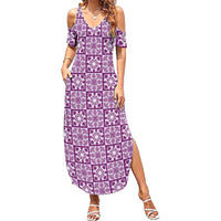 Poni Palaka Quilt Hawaii Family Matching Summer Maxi Dress and Hawaiian Shirt Hawaiian Tropical Monstera Sea Turtle LT14 Mom's Dress Purple - Polynesian Pride