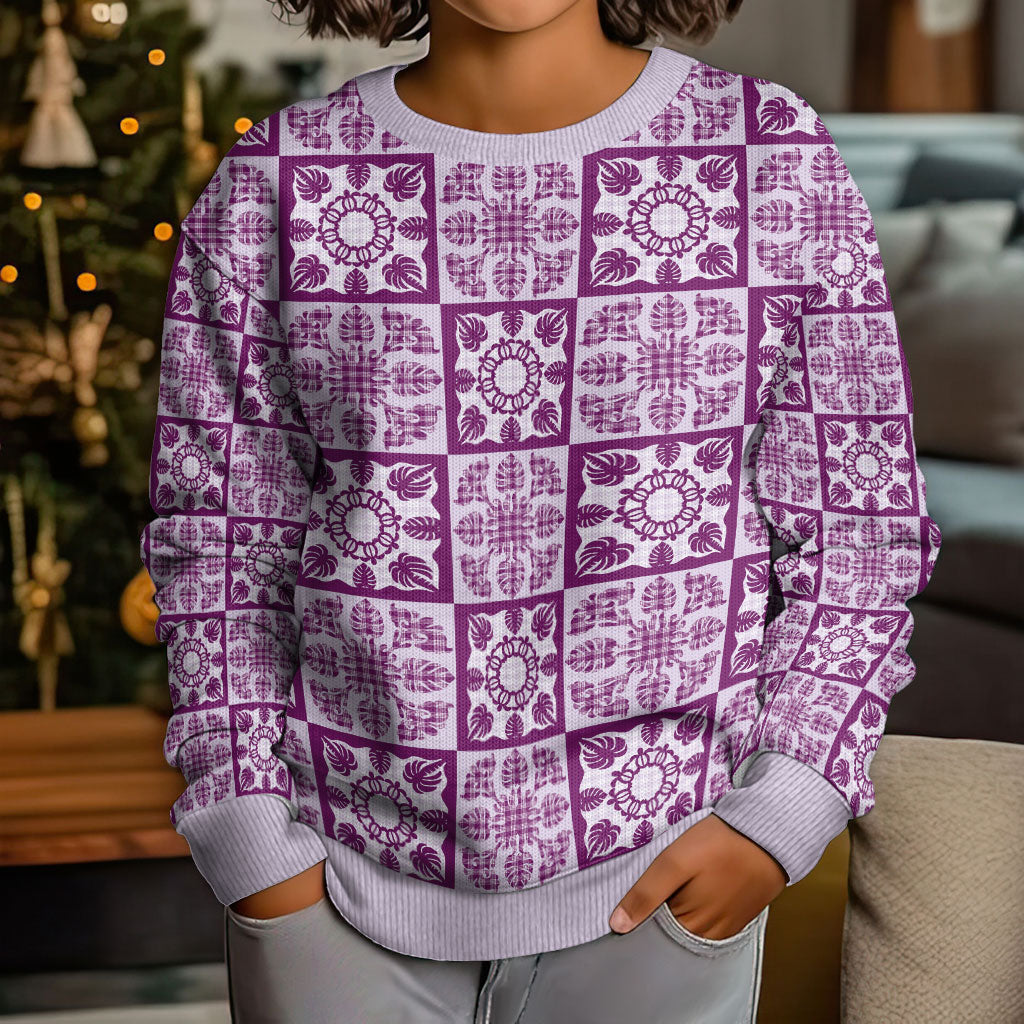 Poni Palaka Quilt Hawaii Kid Ugly Christmas Sweater Hawaiian Tropical Monstera Sea Turtle LT14 - Polynesian Pride