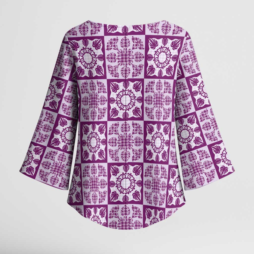 Poni Palaka Quilt Hawaii Kimono Sleeve Blouse Hawaiian Tropical Monstera Sea Turtle