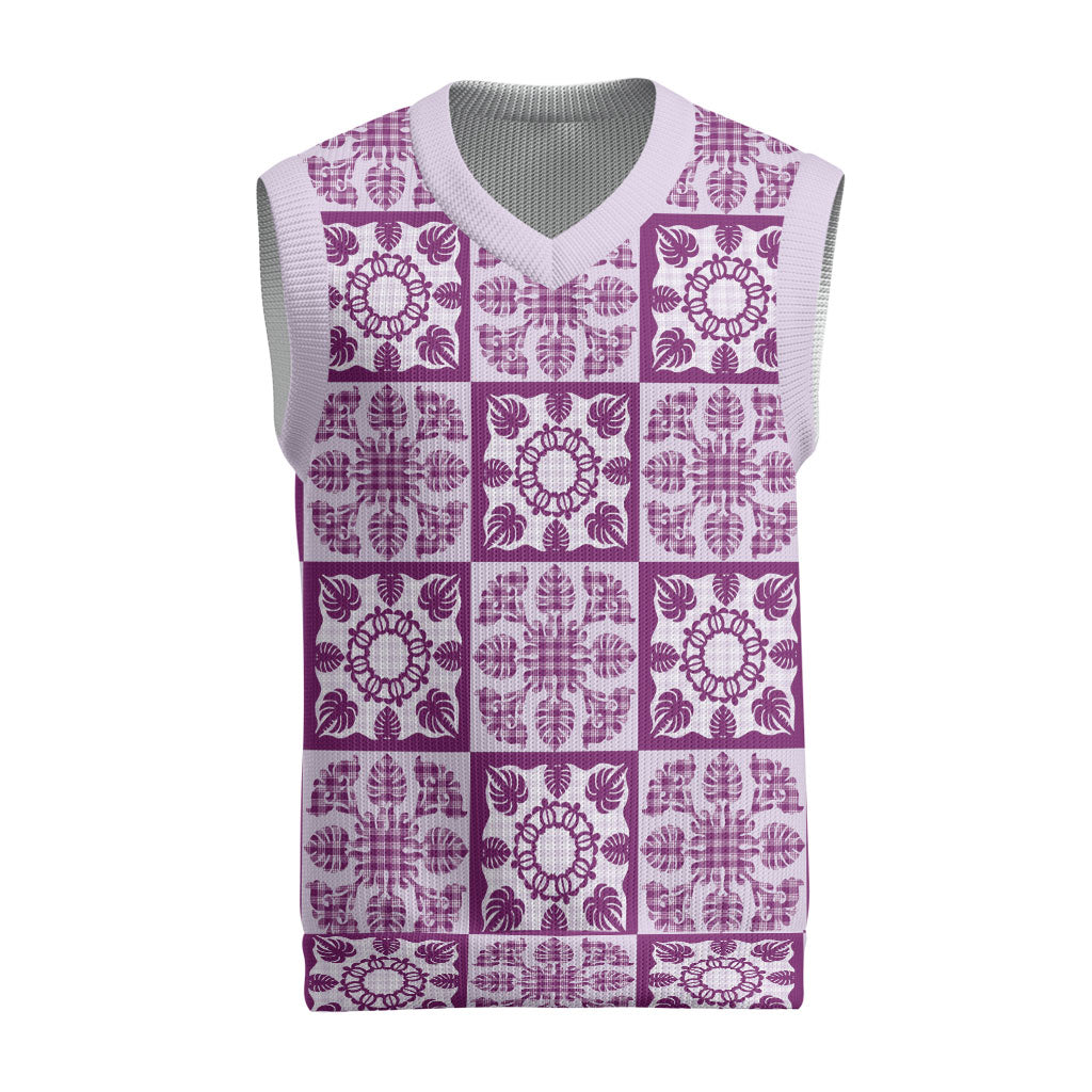 Poni Palaka Quilt Hawaii Christmas Knitted V-Neck Vest Hawaiian Tropical Monstera Sea Turtle LT14 Purple - Polynesian Pride