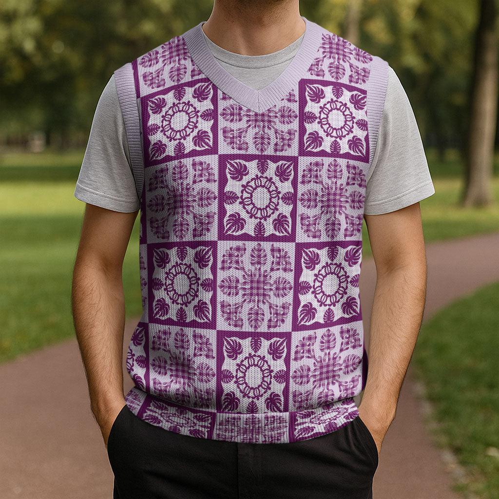 Poni Palaka Quilt Hawaii Christmas Knitted V-Neck Vest Hawaiian Tropical Monstera Sea Turtle LT14 - Polynesian Pride