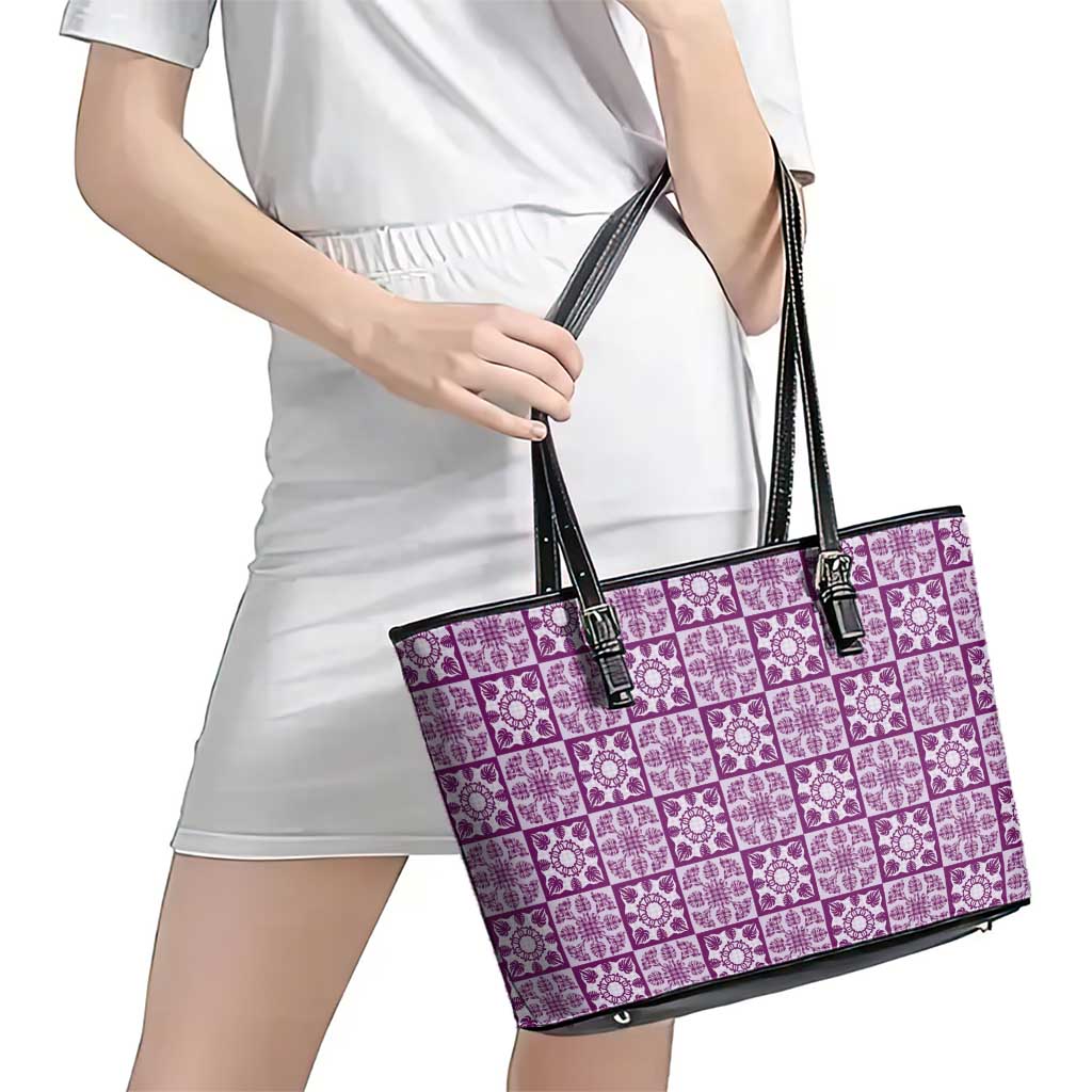 Poni Palaka Quilt Hawaii Leather Tote Bag Hawaiian Tropical Monstera Sea Turtle