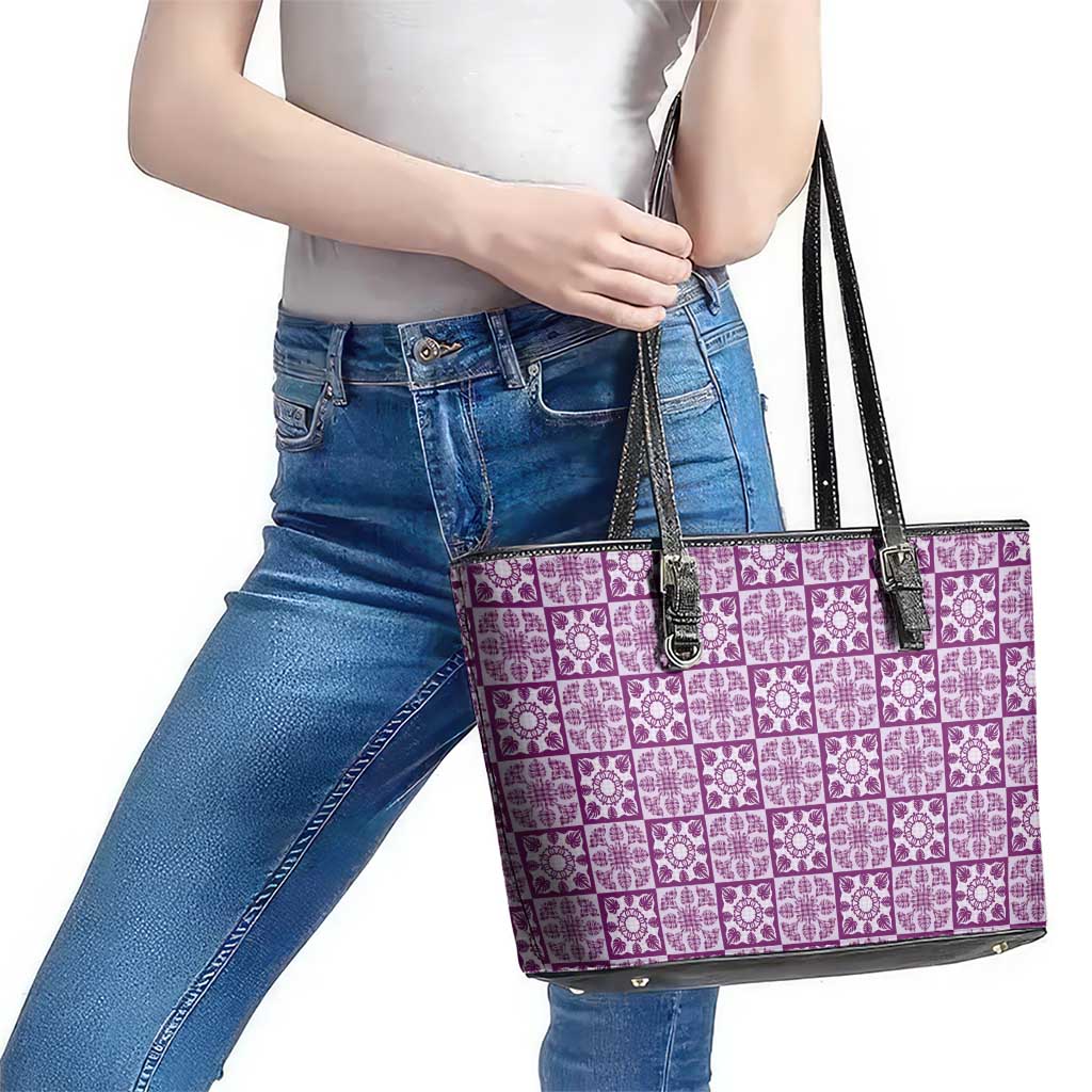 Poni Palaka Quilt Hawaii Leather Tote Bag Hawaiian Tropical Monstera Sea Turtle