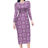 Poni Palaka Quilt Hawaii Long Sleeve Bodycon Dress Hawaiian Tropical Monstera Sea Turtle