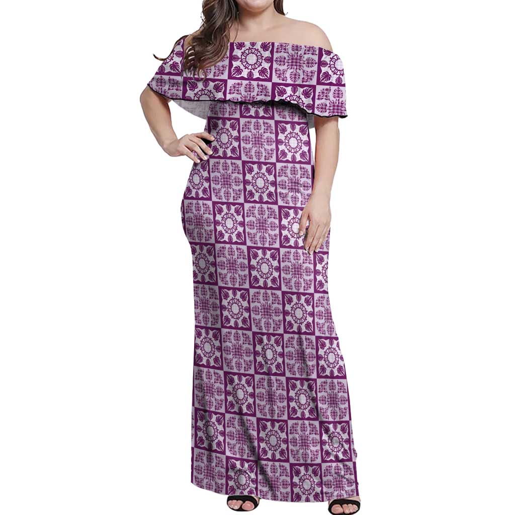 Poni Palaka Quilt Hawaii Off Shoulder Maxi Dress Hawaiian Tropical Monstera Sea Turtle