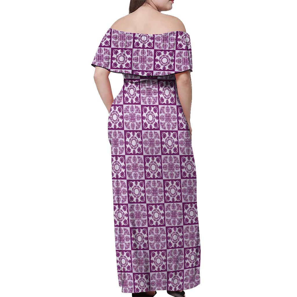 Poni Palaka Quilt Hawaii Off Shoulder Maxi Dress Hawaiian Tropical Monstera Sea Turtle