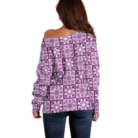 Poni Palaka Quilt Hawaii Off Shoulder Sweater Hawaiian Tropical Monstera Sea Turtle
