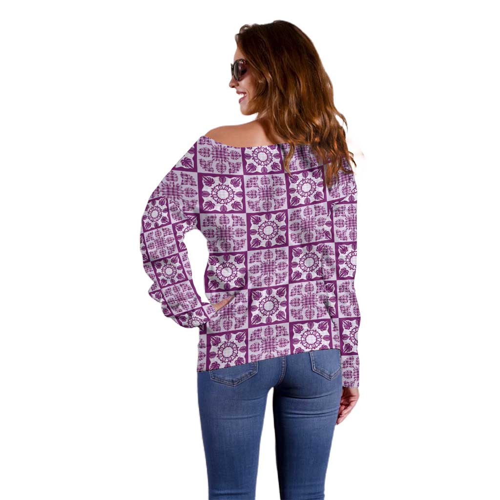 Poni Palaka Quilt Hawaii Off Shoulder Sweater Hawaiian Tropical Monstera Sea Turtle