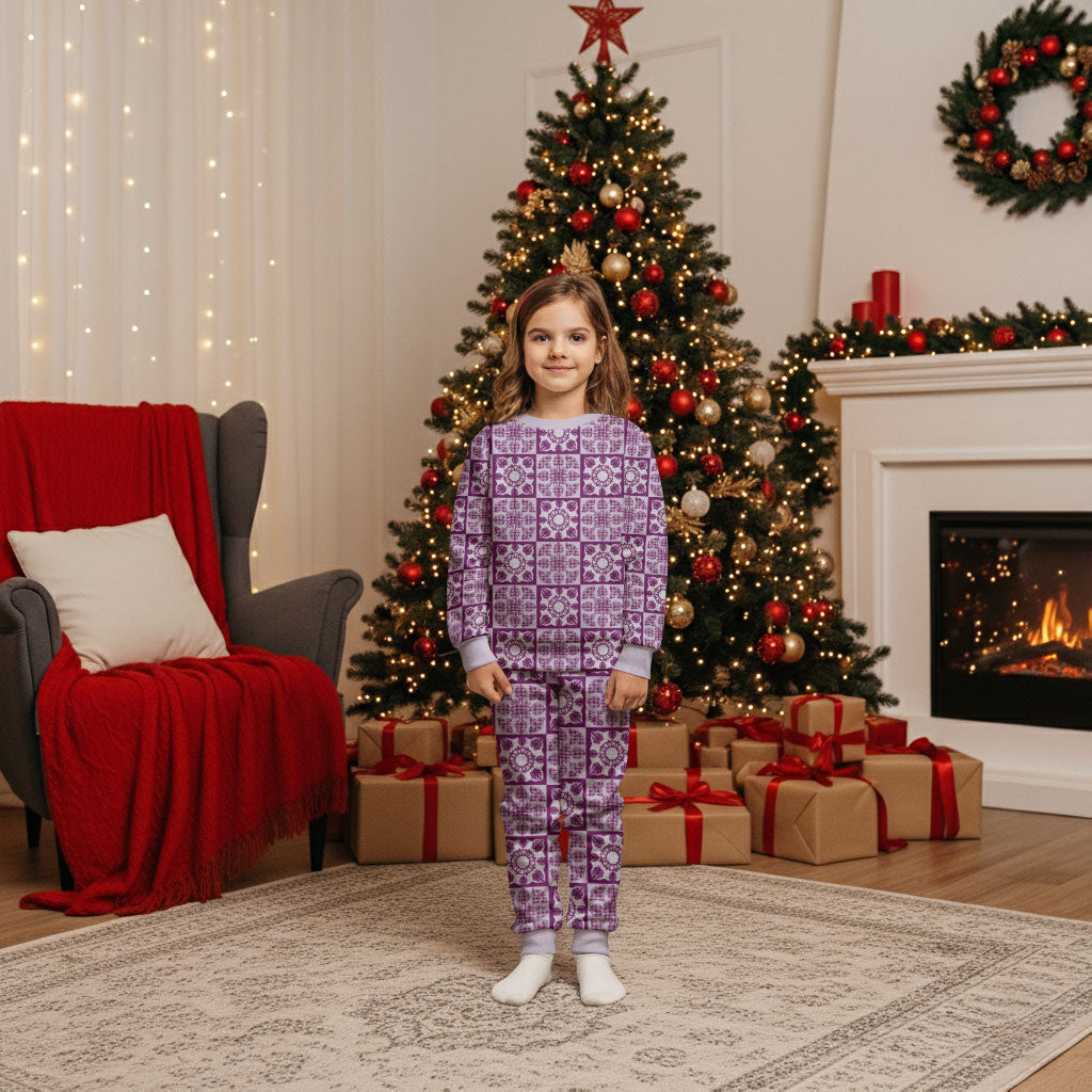 Poni Palaka Quilt Hawaii Christmas Pajama Set Hawaiian Tropical Monstera Sea Turtle LT14 Kid Purple - Polynesian Pride