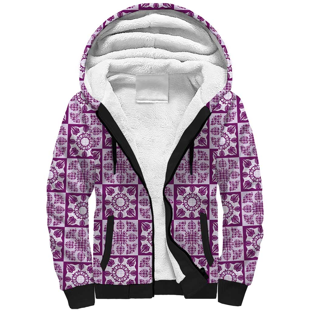 Poni Palaka Quilt Hawaii Sherpa Hoodie Hawaiian Tropical Monstera Sea Turtle
