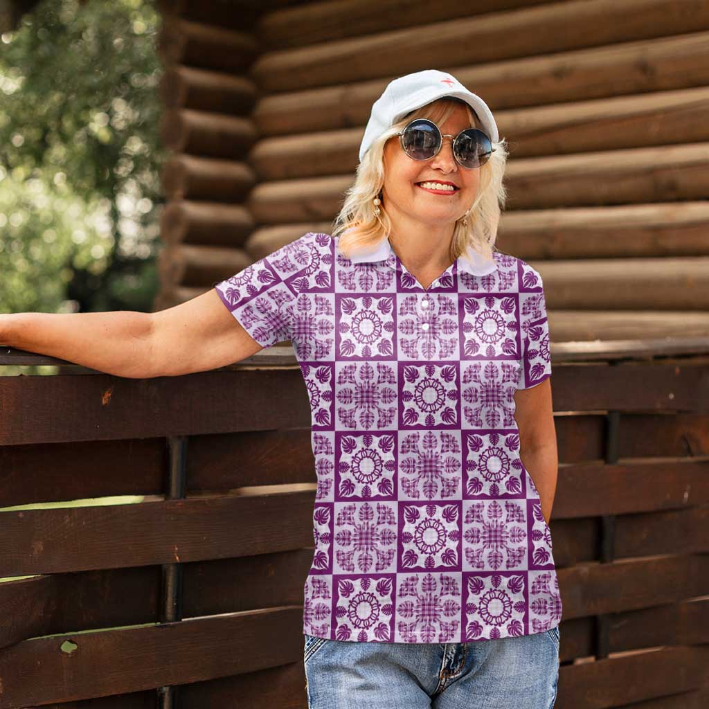 Poni Palaka Quilt Hawaii Women Polo Shirt Hawaiian Tropical Monstera Sea Turtle