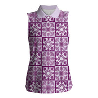 Poni Palaka Quilt Hawaii Women Sleeveless Polo Shirt Hawaiian Tropical Monstera Sea Turtle LT14 Female Purple - Polynesian Pride