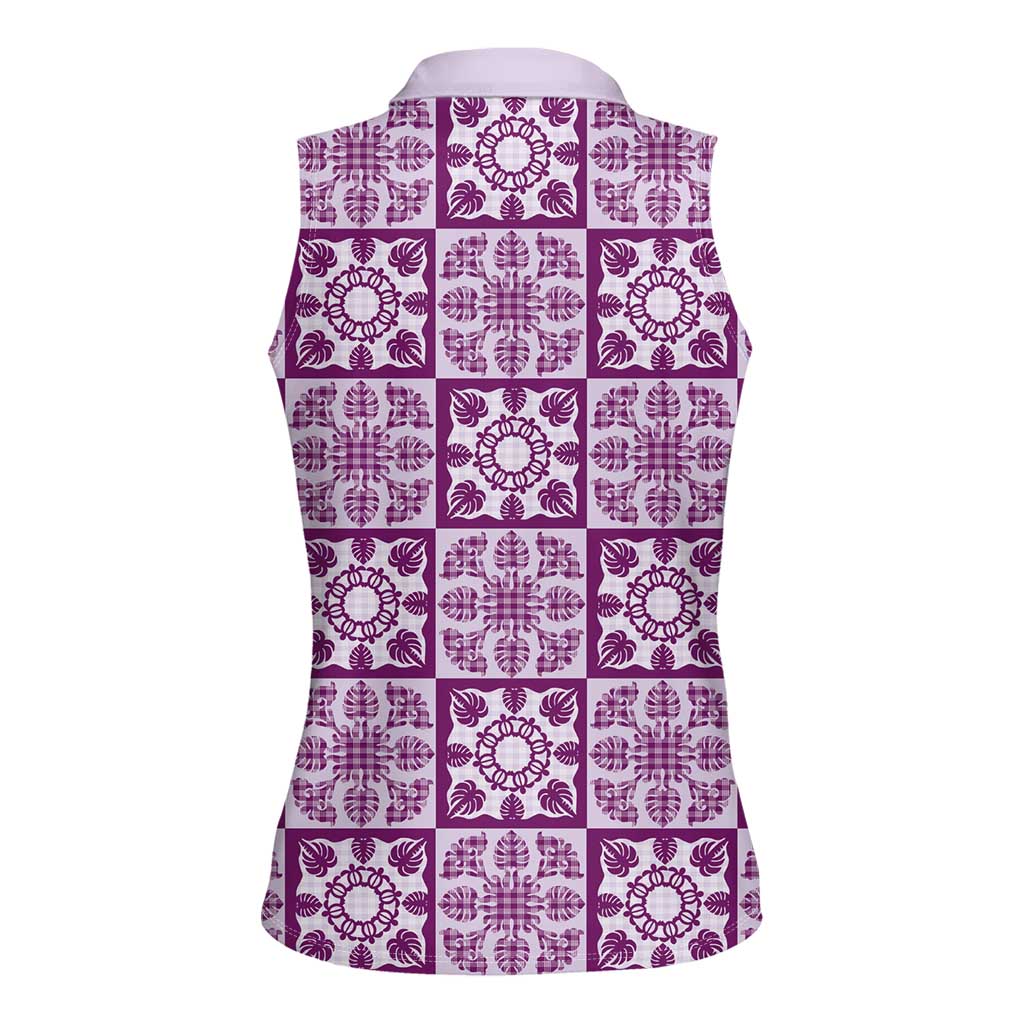 Poni Palaka Quilt Hawaii Women Sleeveless Polo Shirt Hawaiian Tropical Monstera Sea Turtle LT14 - Polynesian Pride