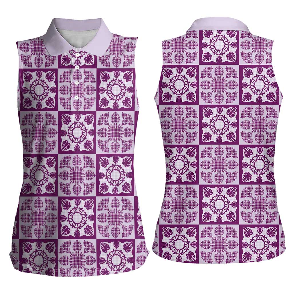 Poni Palaka Quilt Hawaii Women Sleeveless Polo Shirt Hawaiian Tropical Monstera Sea Turtle LT14 - Polynesian Pride