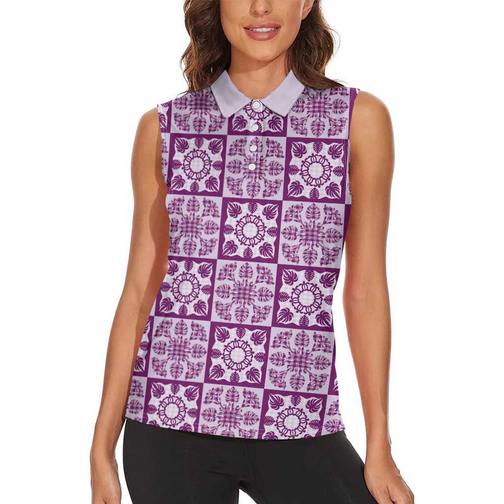 Poni Palaka Quilt Hawaii Women Sleeveless Polo Shirt Hawaiian Tropical Monstera Sea Turtle LT14 - Polynesian Pride