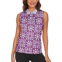 Poni Palaka Quilt Hawaii Women Sleeveless Polo Shirt Hawaiian Tropical Monstera Sea Turtle LT14 - Polynesian Pride