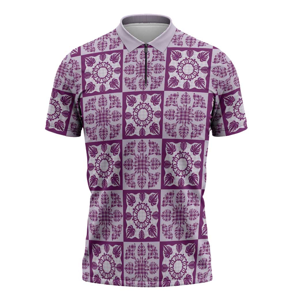 Poni Palaka Quilt Hawaii Zipper Polo Shirt Hawaiian Tropical Monstera Sea Turtle