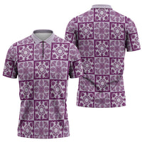 Poni Palaka Quilt Hawaii Zipper Polo Shirt Hawaiian Tropical Monstera Sea Turtle