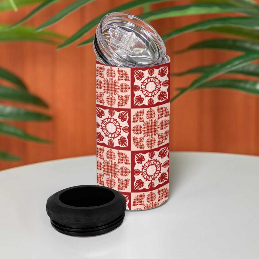 Ulaula Palaka Quilt Hawaii 4 in 1 Can Cooler Tumbler Hawaiian Tropical Monstera Sea Turtle
