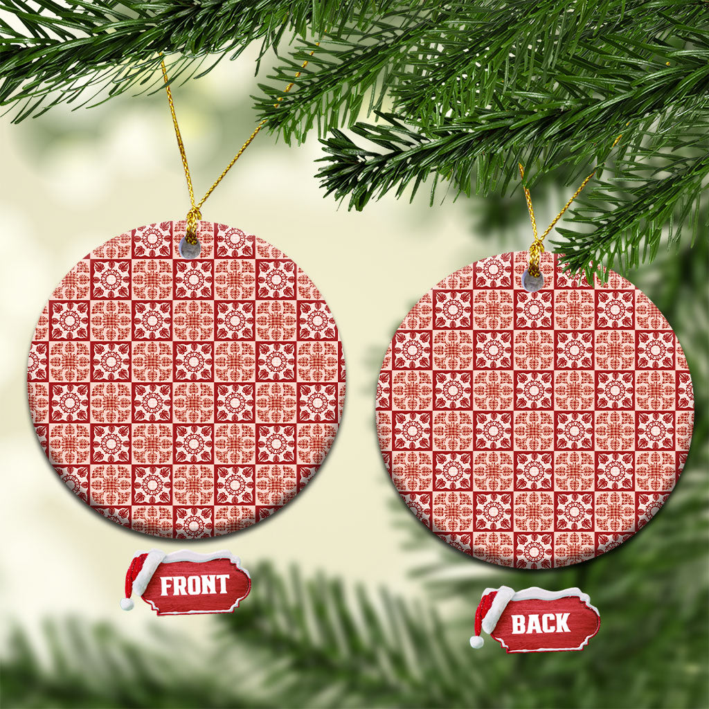 Ulaula Palaka Quilt Hawaii Ceramic Ornament Hawaiian Tropical Monstera Sea Turtle LT14 Circle Red - Polynesian Pride