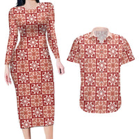 Ulaula Palaka Quilt Hawaii Couples Matching Long Sleeve Bodycon Dress and Hawaiian Shirt Hawaiian Tropical Monstera Sea Turtle LT14 Red - Polynesian Pride