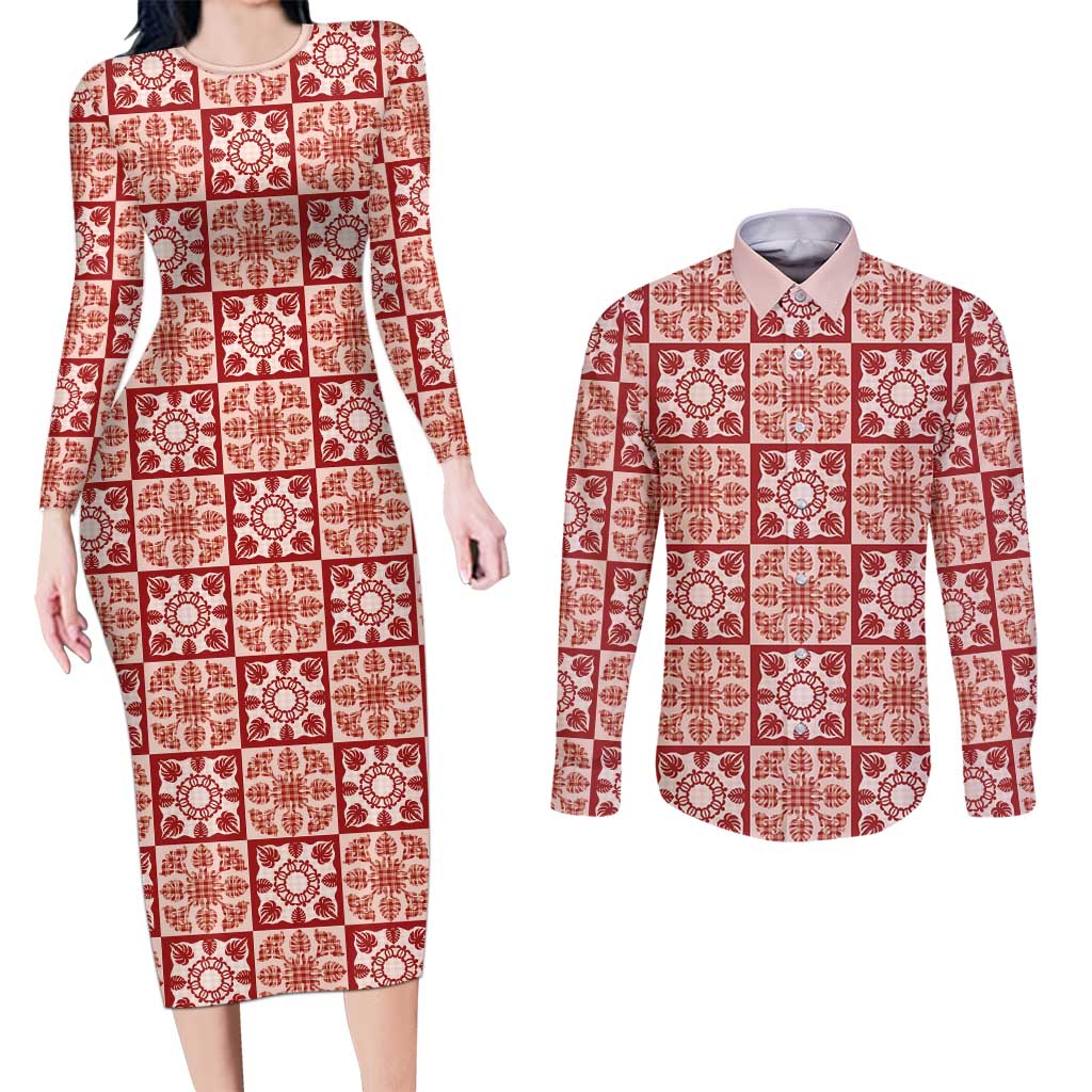 Ulaula Palaka Quilt Hawaii Couples Matching Long Sleeve Bodycon Dress and Long Sleeve Button Shirt Hawaiian Tropical Monstera Sea Turtle LT14 Red - Polynesian Pride