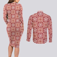 Ulaula Palaka Quilt Hawaii Couples Matching Long Sleeve Bodycon Dress and Long Sleeve Button Shirt Hawaiian Tropical Monstera Sea Turtle LT14 - Polynesian Pride