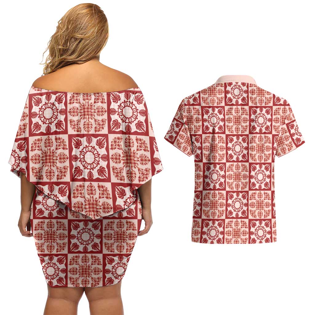 Ulaula Palaka Quilt Hawaii Couples Matching Off Shoulder Short Dress and Hawaiian Shirt Hawaiian Tropical Monstera Sea Turtle LT14 - Polynesian Pride