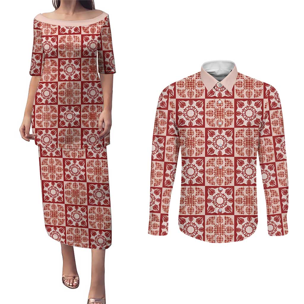 Ulaula Palaka Quilt Hawaii Couples Matching Puletasi and Long Sleeve Button Shirt Hawaiian Tropical Monstera Sea Turtle