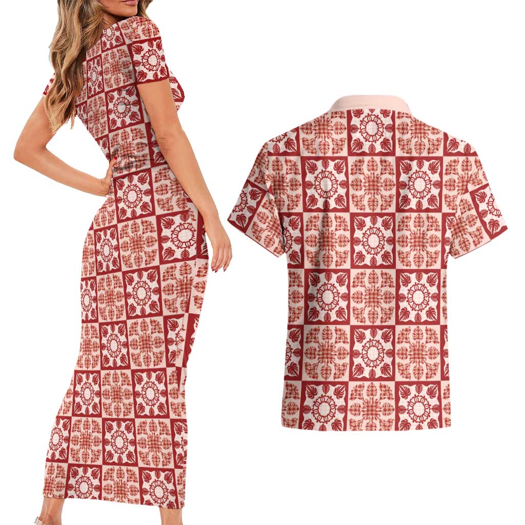 Ulaula Palaka Quilt Hawaii Couples Matching Short Sleeve Bodycon Dress and Hawaiian Shirt Hawaiian Tropical Monstera Sea Turtle LT14 - Polynesian Pride