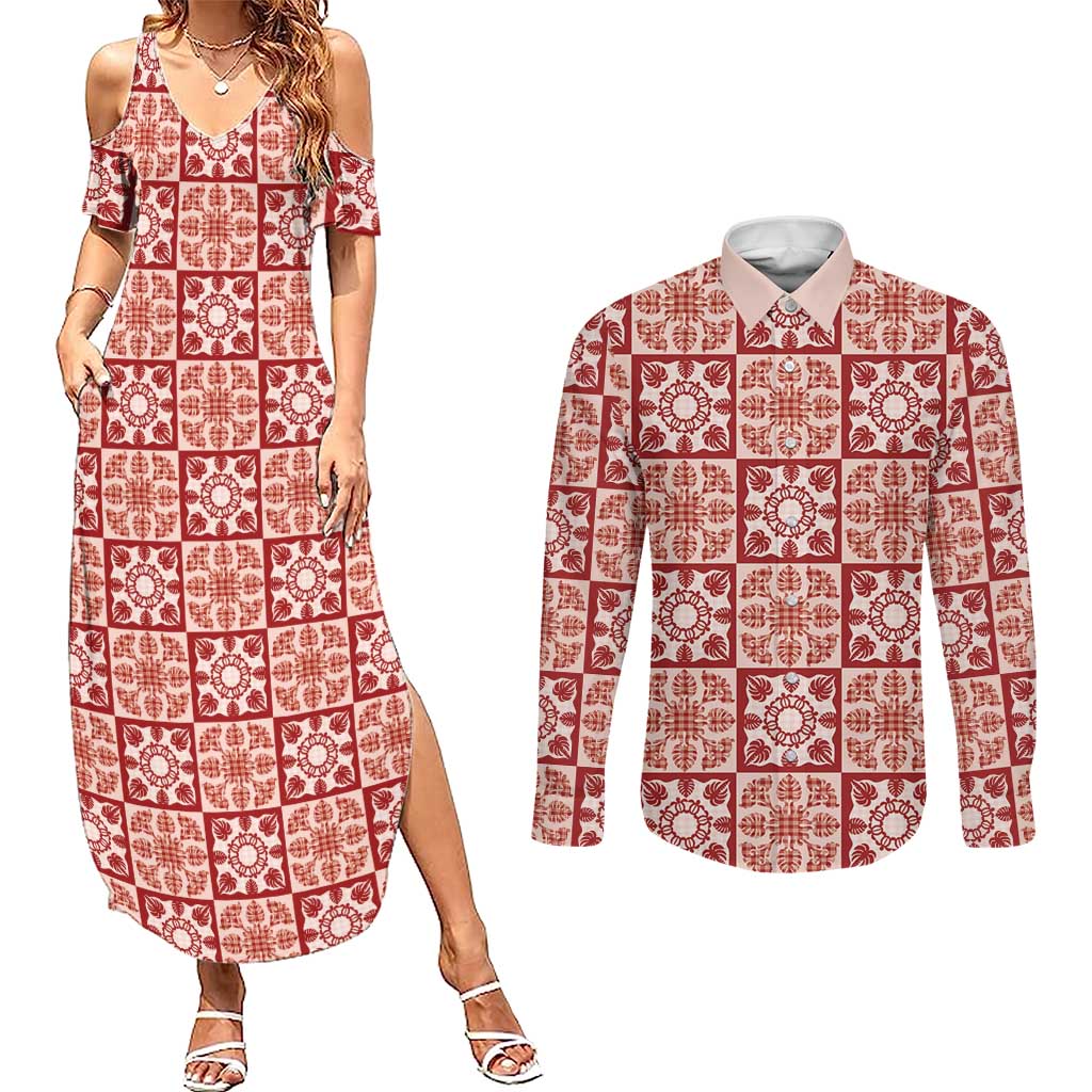 Ulaula Palaka Quilt Hawaii Couples Matching Summer Maxi Dress and Long Sleeve Button Shirt Hawaiian Tropical Monstera Sea Turtle LT14 Red - Polynesian Pride