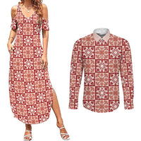 Ulaula Palaka Quilt Hawaii Couples Matching Summer Maxi Dress and Long Sleeve Button Shirt Hawaiian Tropical Monstera Sea Turtle LT14 Red - Polynesian Pride