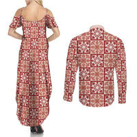 Ulaula Palaka Quilt Hawaii Couples Matching Summer Maxi Dress and Long Sleeve Button Shirt Hawaiian Tropical Monstera Sea Turtle LT14 - Polynesian Pride