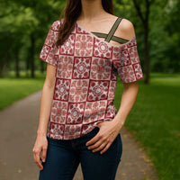 Ulaula Palaka Quilt Hawaii Cross Shoulder Shirt Hawaiian Tropical Monstera Sea Turtle
