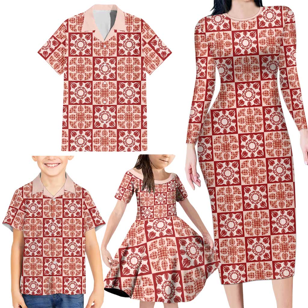 Ulaula Palaka Quilt Hawaii Family Matching Long Sleeve Bodycon Dress and Hawaiian Shirt Hawaiian Tropical Monstera Sea Turtle LT14 - Polynesian Pride