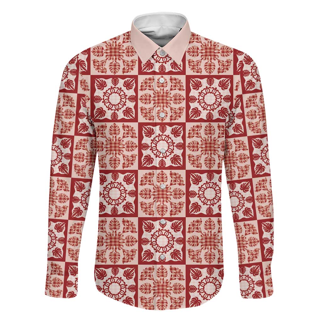 Ulaula Palaka Quilt Hawaii Family Matching Long Sleeve Bodycon Dress and Hawaiian Shirt Hawaiian Tropical Monstera Sea Turtle LT14 Dad's Shirt - Long Sleeve Red - Polynesian Pride