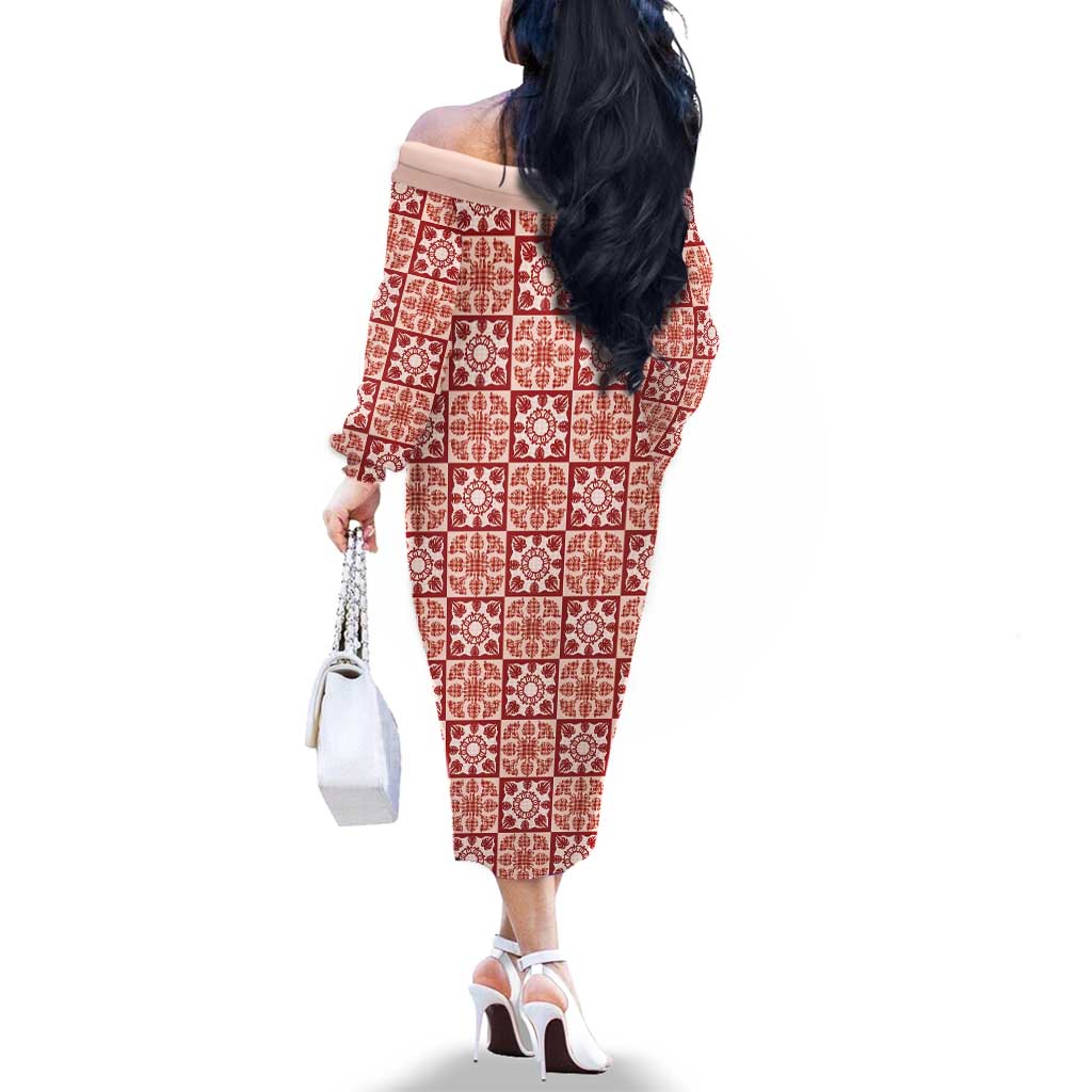 Ulaula Palaka Quilt Hawaii Family Matching Off The Shoulder Long Sleeve Dress and Hawaiian Shirt Hawaiian Tropical Monstera Sea Turtle LT14 - Polynesian Pride