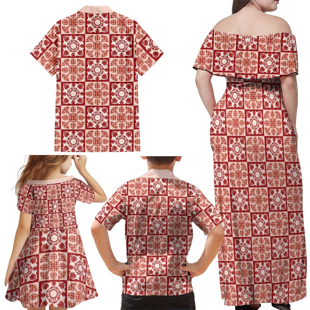Ulaula Palaka Quilt Hawaii Family Matching Off Shoulder Maxi Dress and Hawaiian Shirt Hawaiian Tropical Monstera Sea Turtle LT14 - Polynesian Pride