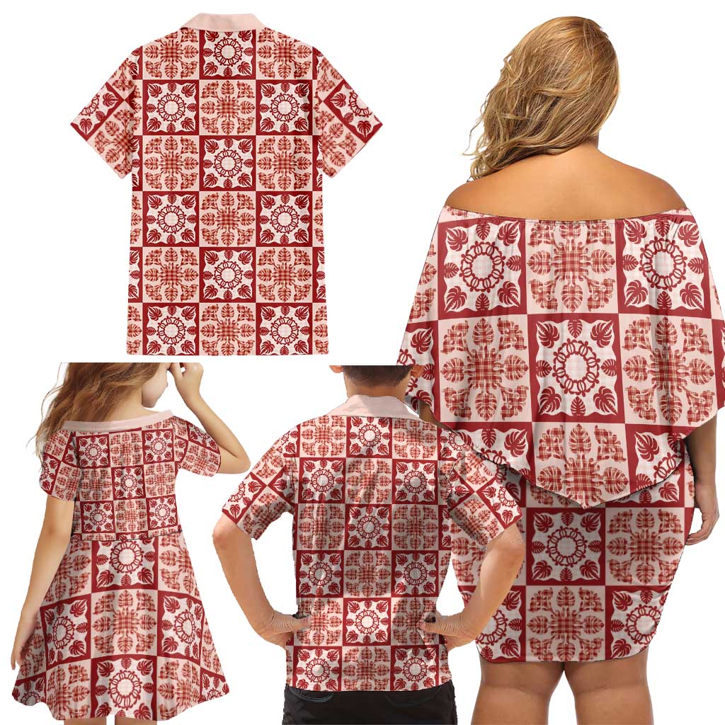 Ulaula Palaka Quilt Hawaii Family Matching Off Shoulder Short Dress and Hawaiian Shirt Hawaiian Tropical Monstera Sea Turtle LT14 - Polynesian Pride