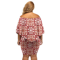 Ulaula Palaka Quilt Hawaii Family Matching Off Shoulder Short Dress and Hawaiian Shirt Hawaiian Tropical Monstera Sea Turtle LT14 - Polynesian Pride