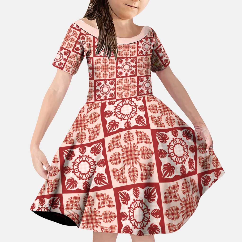 Ulaula Palaka Quilt Hawaii Family Matching Short Sleeve Bodycon Dress and Hawaiian Shirt Hawaiian Tropical Monstera Sea Turtle LT14 Daughter's Dress Red - Polynesian Pride