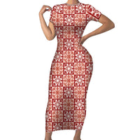 Ulaula Palaka Quilt Hawaii Family Matching Short Sleeve Bodycon Dress and Hawaiian Shirt Hawaiian Tropical Monstera Sea Turtle LT14 Mom's Dress Red - Polynesian Pride