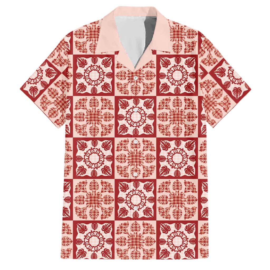 Ulaula Palaka Quilt Hawaii Family Matching Summer Maxi Dress and Hawaiian Shirt Hawaiian Tropical Monstera Sea Turtle LT14 Dad's Shirt - Short Sleeve Red - Polynesian Pride