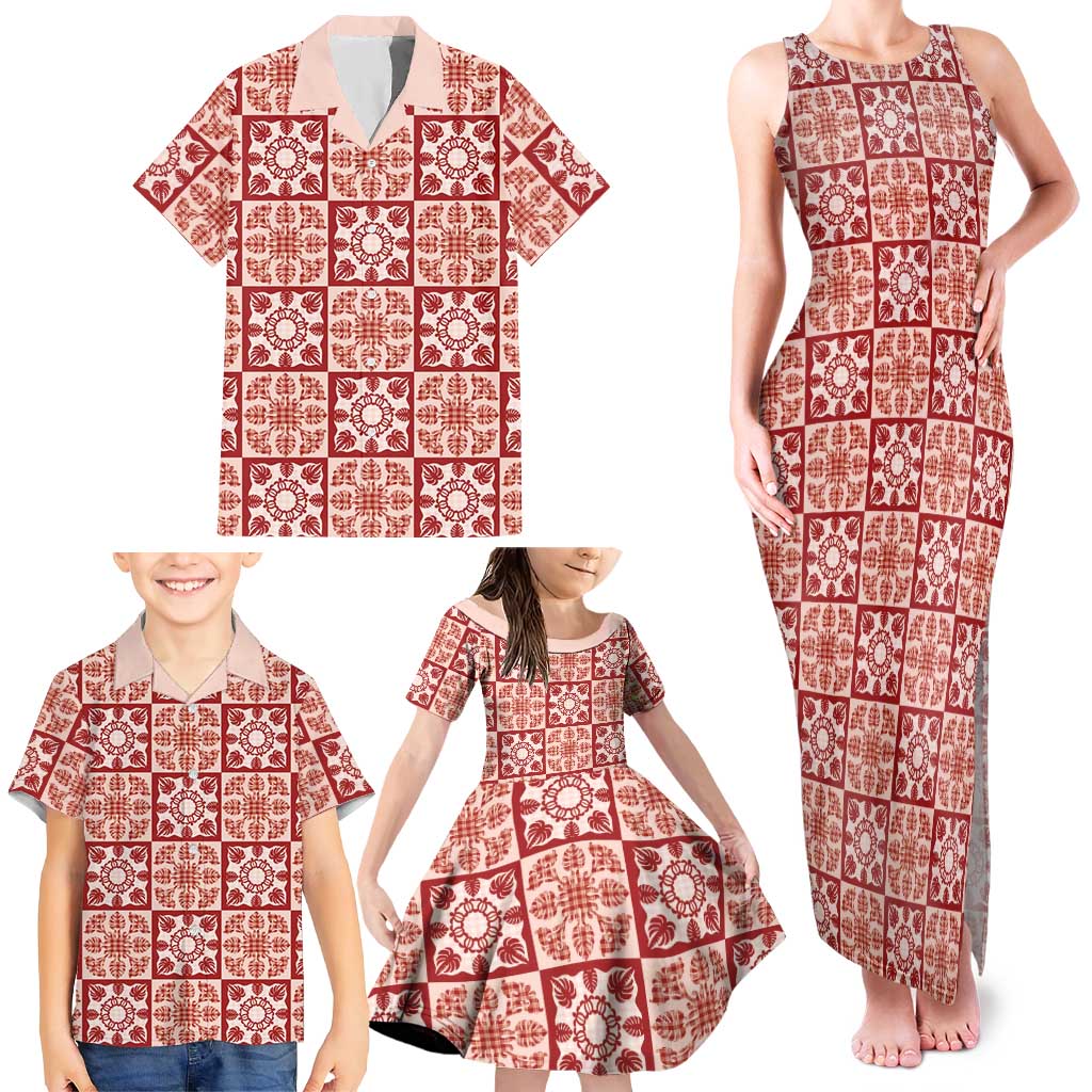 Ulaula Palaka Quilt Hawaii Family Matching Tank Maxi Dress and Hawaiian Shirt Hawaiian Tropical Monstera Sea Turtle LT14 - Polynesian Pride