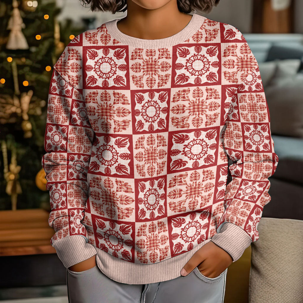 Ulaula Palaka Quilt Hawaii Kid Ugly Christmas Sweater Hawaiian Tropical Monstera Sea Turtle LT14 - Polynesian Pride