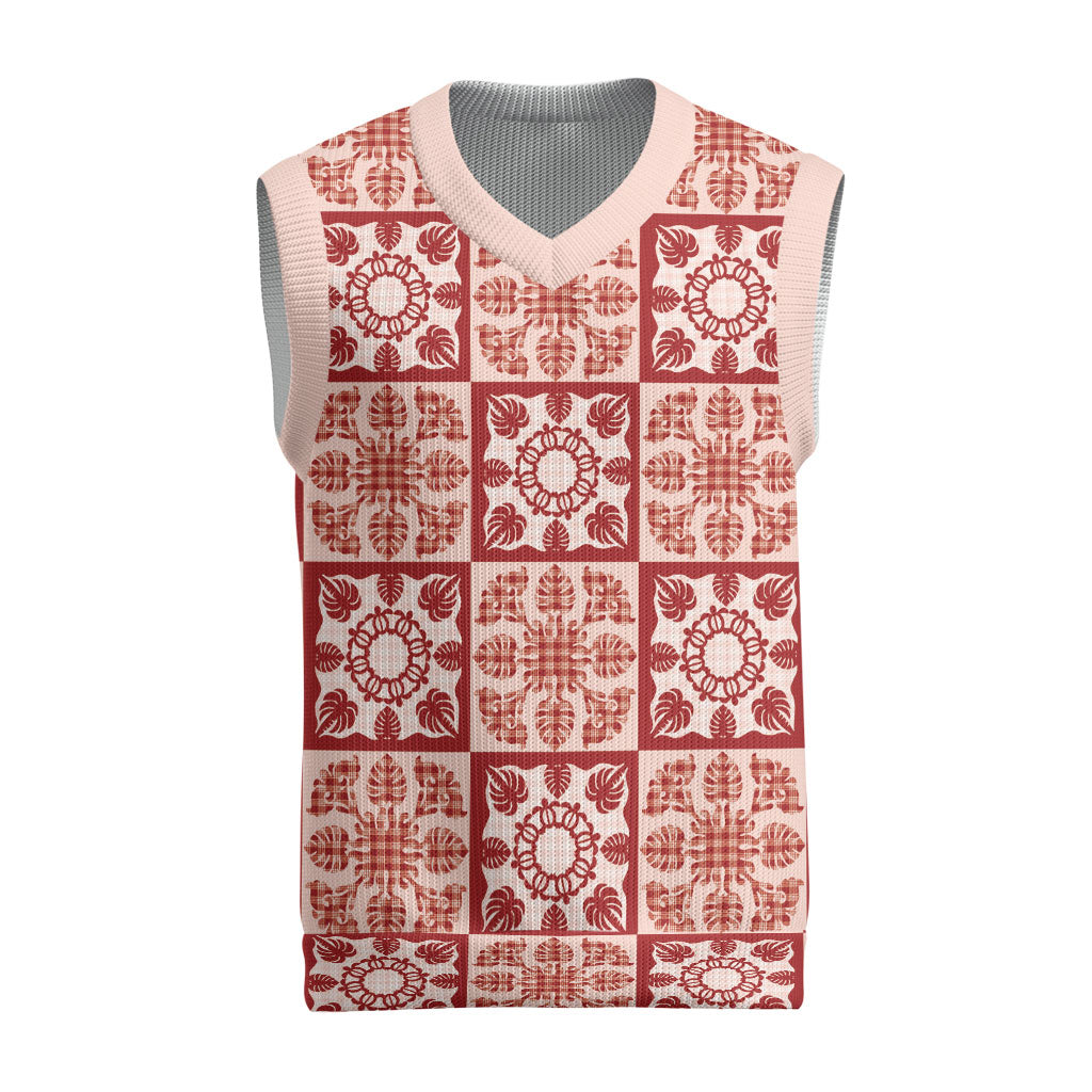 Ulaula Palaka Quilt Hawaii Christmas Knitted V-Neck Vest Hawaiian Tropical Monstera Sea Turtle LT14 Red - Polynesian Pride